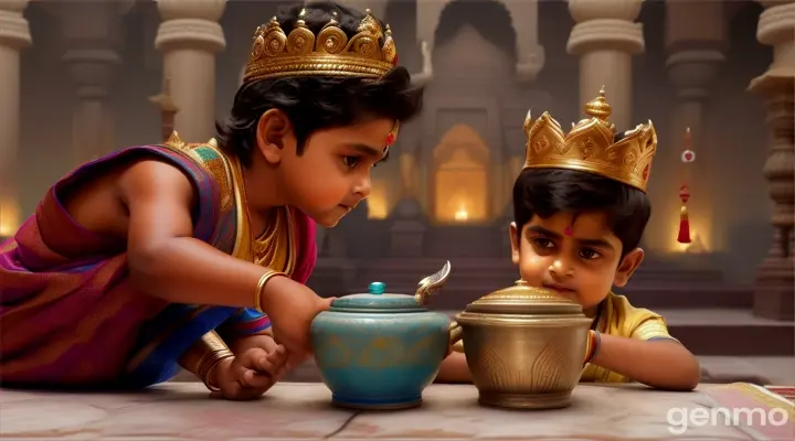 small boy Rohan giving empty pot to king Arjun