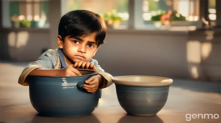 small boy Rohan with empty pot sad