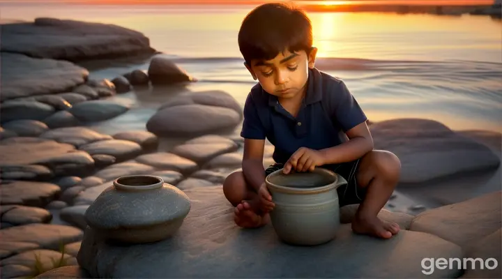 small boy Rohan with empty pot sad