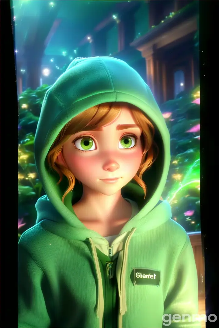 a girl in a green hoodie with the words share this picture to the world