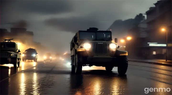 a cinematic night scene during world war 2 in the philippines. convoy of army, camera follow   from behind on jeep.