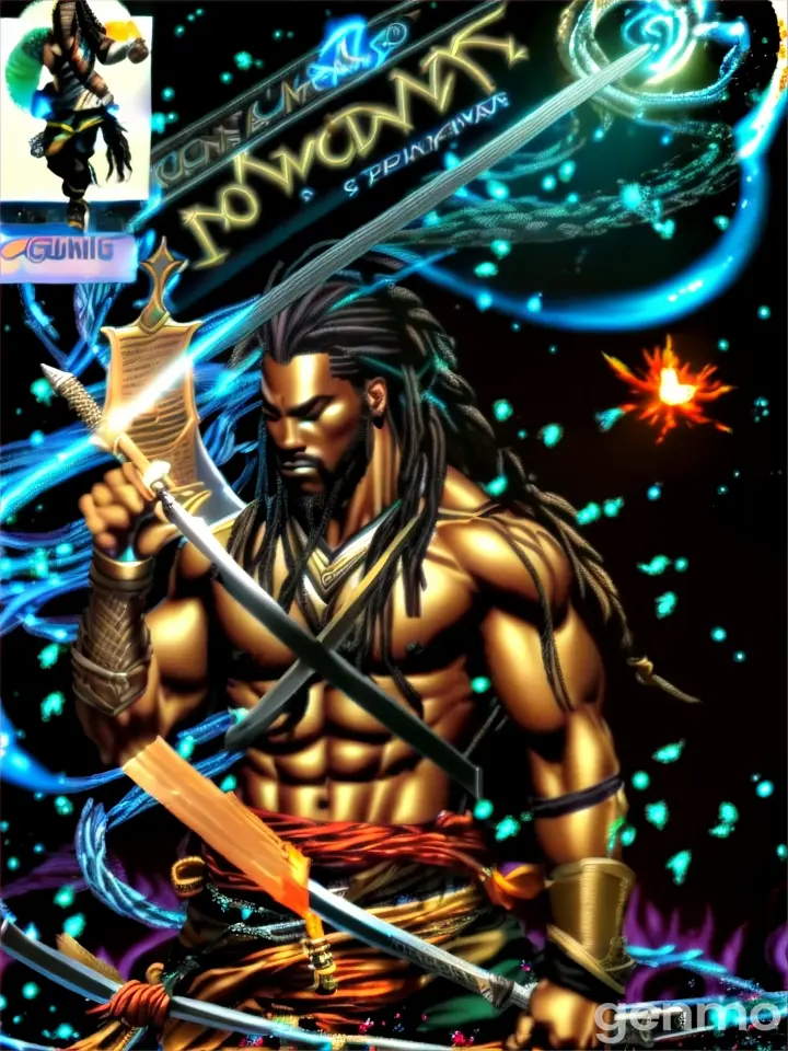 A man with dreadlocks, sword in hand, standing fiercely amidst swirling fire and smoke