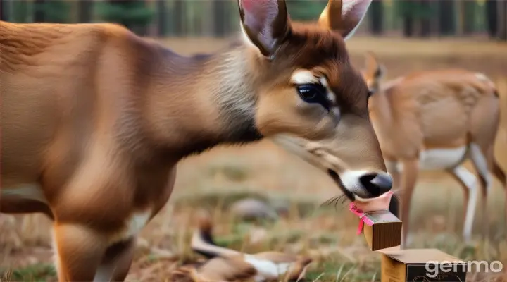 the doe nudges the box, eventually managing to open box with her hoof.