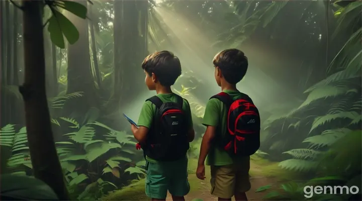 In jungle,kids ,two kids,Lucas and Max face obstacles but persist, guided by Lucas’s determination. find the spring, fill their canteen, and mark the path.