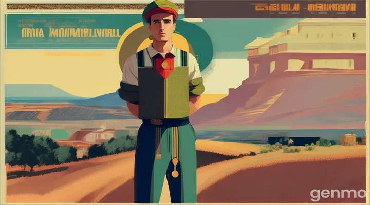 An olive oil mill worker in a bold, graphic design poster, with the Mediterranean landscape as its backdrop