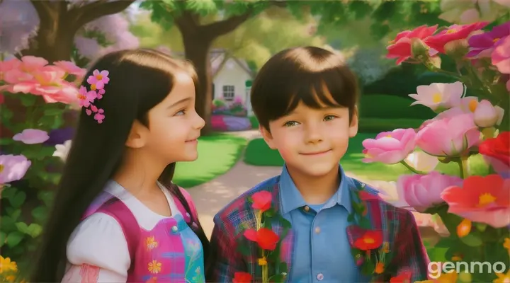 Cartoon very beautiful 15 years old girl with 6 years old boy in garden 