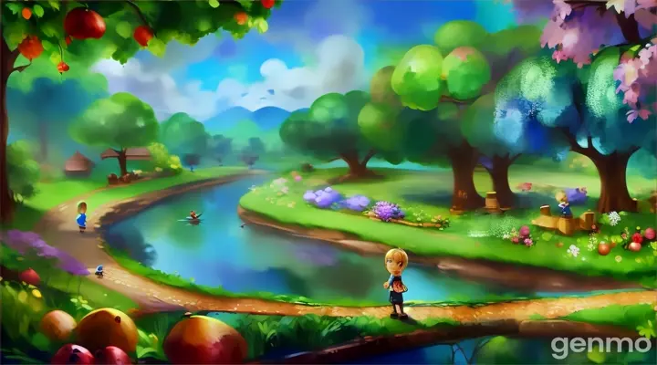 a painting of a little girl walking down a path to a pon