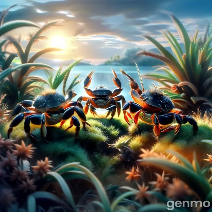 a group of crabs in a field of grass