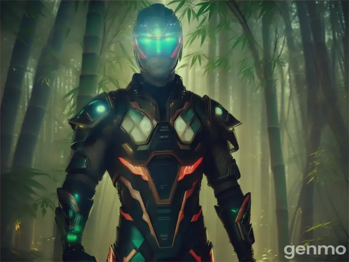 A cyber-ninja warrior amidst a tranquil bamboo forest, with shafts of light filtering through the leaves