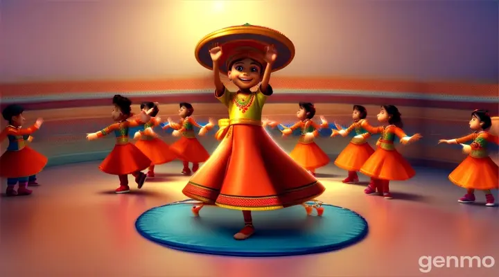 Children dancing in a circle with a dholak player in the middle. 3D cartoon 