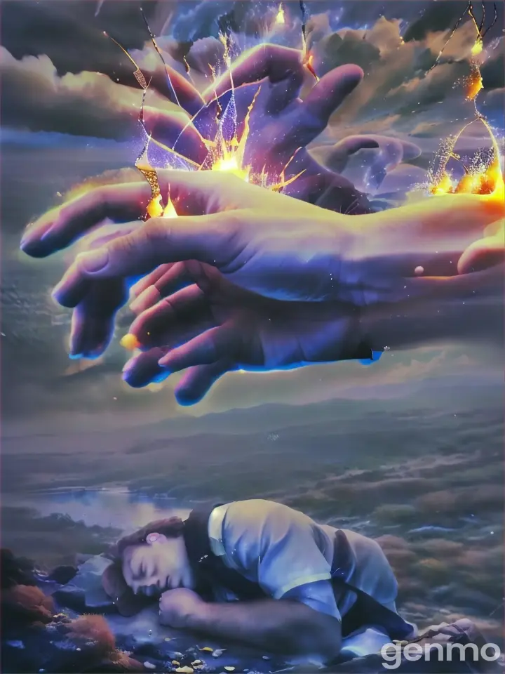 man is sleeping and a fairy hand coming out of sky and protecting 