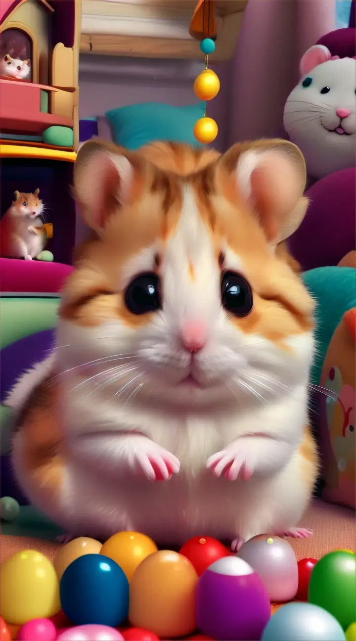 A delightful illustration of a unique creature, a hamster-cat hybrid, that exudes cuteness. The creature has the body of a hamster with the head and ears of a cat. It is sitting on a colorful, plush cushion, gazing curiously at the viewer with its sparkling eyes. The background is a cozy room with toys and a small playhouse, creating a warm and inviting atmosphere.