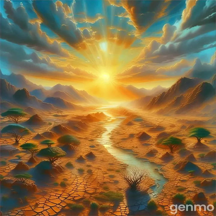 a painting of a desert landscape with a river running through it