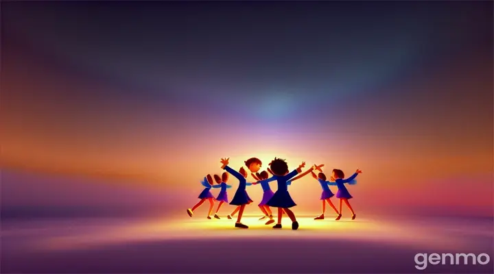 Clips of children dancing and playing, fading to a serene night scene. 3D cartoon 