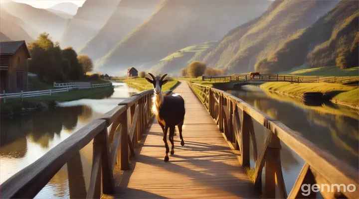 One goat walk in the wooden bridge of canal 