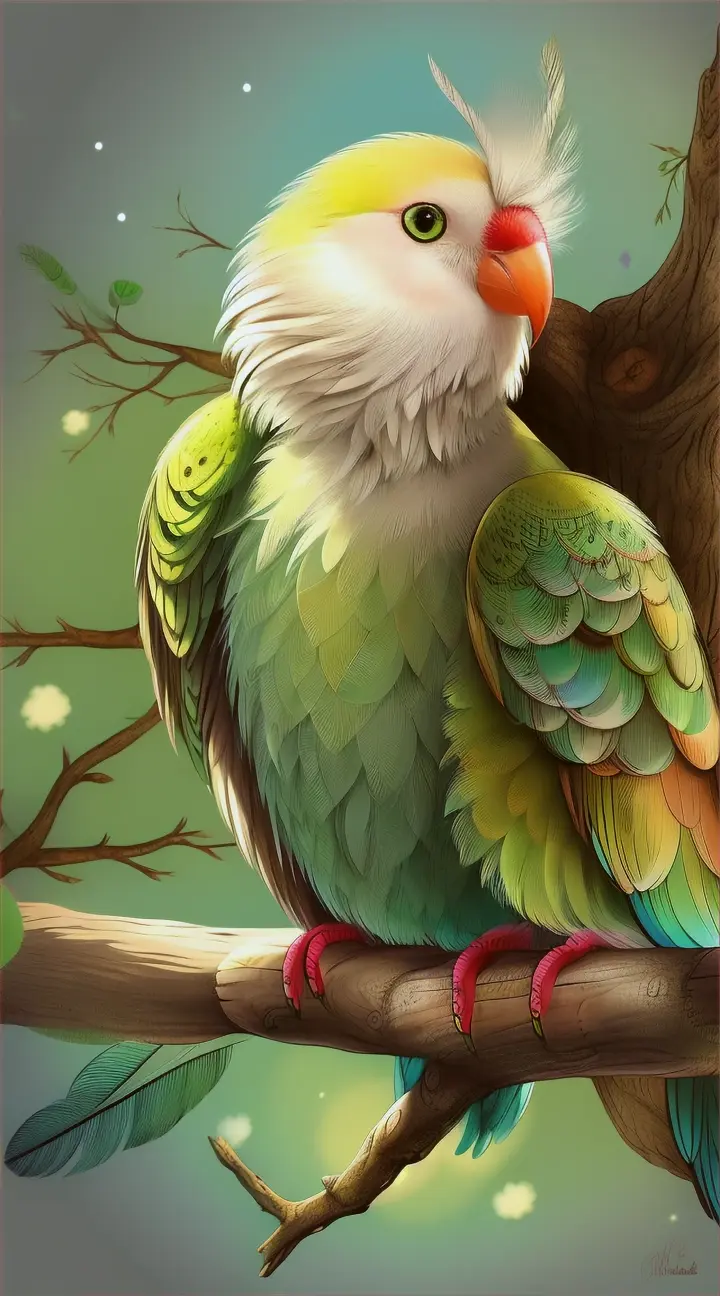 Nueve viñetas whimsical illustration of a unique creature, half lovebird and half kiwi, sitting on a wooden fallen tree s. Its feathers are kiwi like and the eyes are large, expressive, and cute