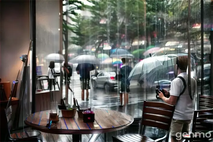 a person taking a picture of a table with an umbrella