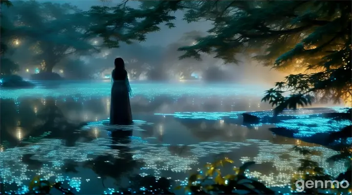 a person standing in a body of water at night