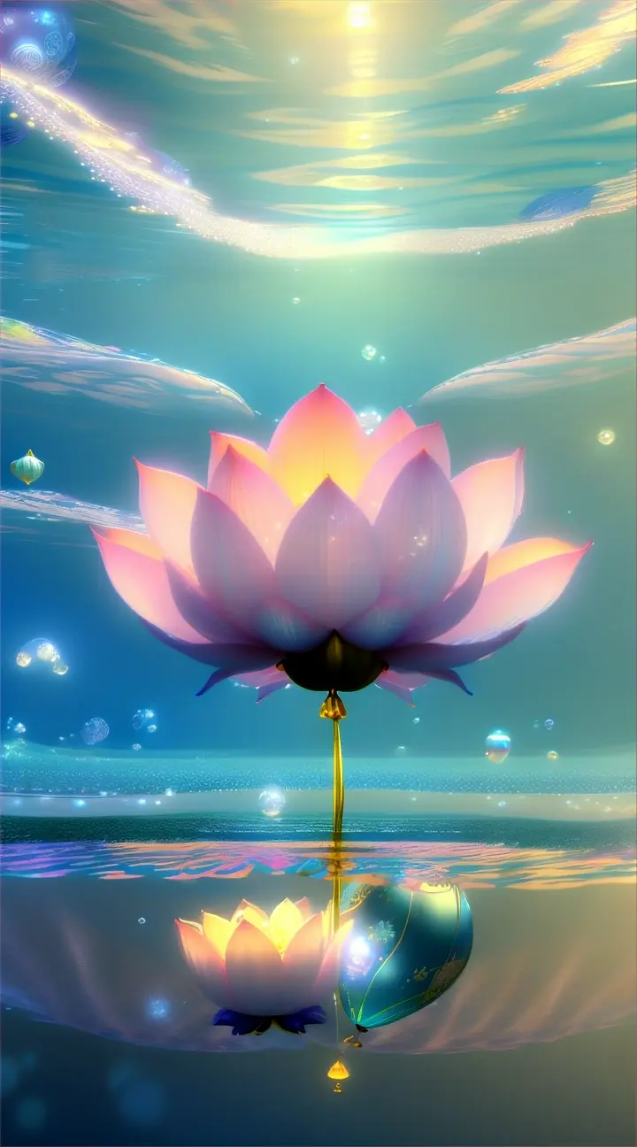 The beautiful and cozy dream lotus flower is located in the blue ocean, next to fairies and pearls. Bobo Balloon. Blue sky. Magical tones and feels, surreal.