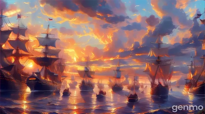 a painting of a sunset with ships in the water