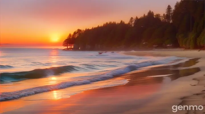 A photo of the beach at sunrise, taken with an iPhone camera. The water is calm and blue, reflecting the sun's rays. A sandy shore leads to tall trees on one side, and there’s some foliage in front of them. In the distance, you can see another part of the sea, adding depth to the scene. There could be sand visible along the edge of that part of lake. It feels peaceful and serene, as if it were early morning in the style of nature.