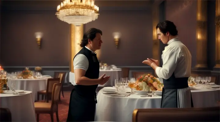 Scene 3
The chef of an expensive restaurant goes out into the guest room and kneels near the table to ask for forgiveness. Focus on important details, hands, fingers, face, artistic realism