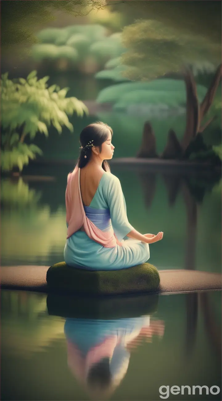 A person meditating near a lake on a beautiful garden