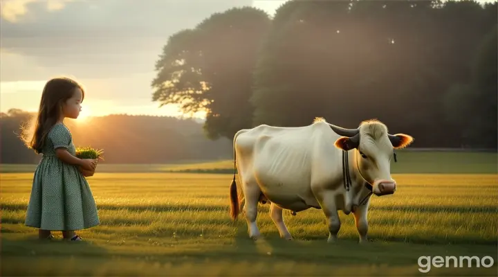 Show a large, beautiful cow named cow grazing in a field. A little girl approaches cowwith a smile, carrying a basket of fresh grass.
Little girl feeds cow and gently pats her, showing their bond.
