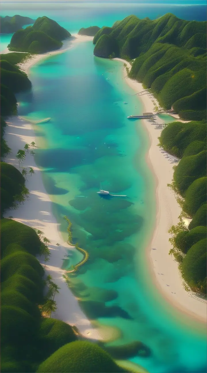 A stunning hyperrealistic image of a pristine tropical island with glowing lagoons, captured in extreme high-resolution detail. The composition features a wide-angle view of white sandy beaches, lush green palm trees, and crystal-clear turquoise waters. The lagoons emit a soft, ethereal glow, creating a surreal atmosphere. The image showcases an incredibly realistic representation of the island's flora and fauna, with fine textures and lifelike colors that bring the scene to life. The infinite focus allows every detail to be clear and precise, from the tiny shells on the beach to the distant mountains in the background. The raw, true-to-life quality of the image transports the viewer into an immersive and unforgettable paradise resolución 5000k.