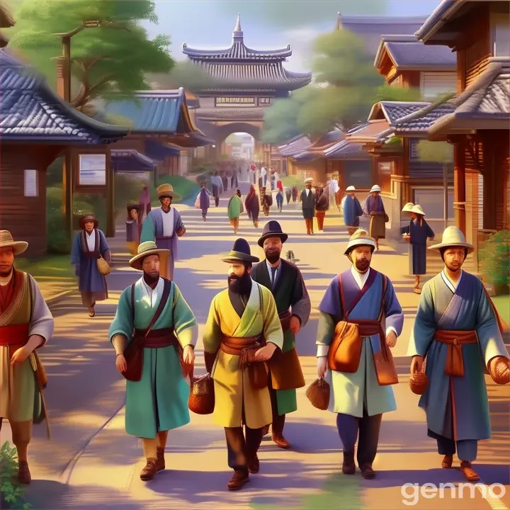 a painting of a group of people walking down a street