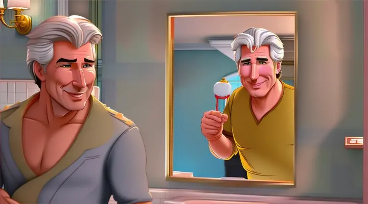 animated film - cartoon man Richard Gere combs his hair in the bathroom in front of the mirror, animation in the style of Walt Disney"