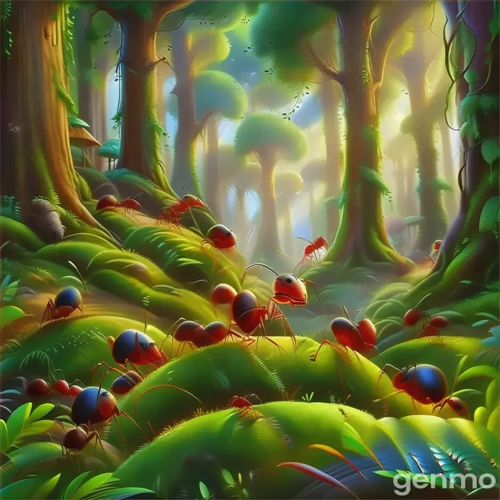 a painting of a group of ants in a forest