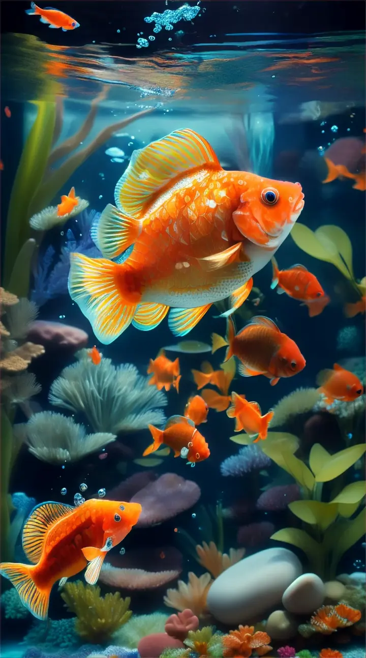 Create a photorealistic image of a goldfish swimming in a fish tank. The goldfish should be a vibrant orange and white, with a long, flowing tail. It should be swimming through a bed of artificial plants and rocks, with a few bubbles rising to the surface of the water. The water should be clear and blue, and the background should be a dark blue. The overall style of the image should be realistic and detailed, with a focus on the beauty and detail of the goldfish and its surroundings.