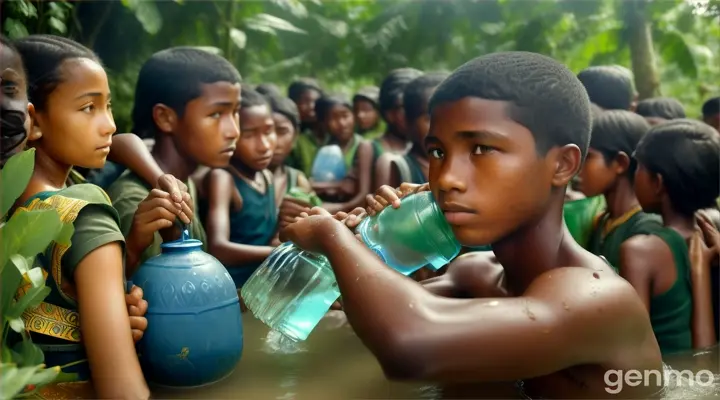 In a jungle 15 years boy holding canteen of water, villagers,women,girls,mens,with him