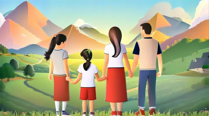 a family standing in a field with mountains in the background