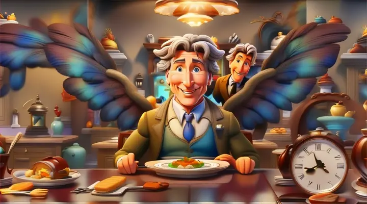 animated film and cartoon character Richard Gere sitting at a table with a plate of food and a large alarm clock, everything is cartoon