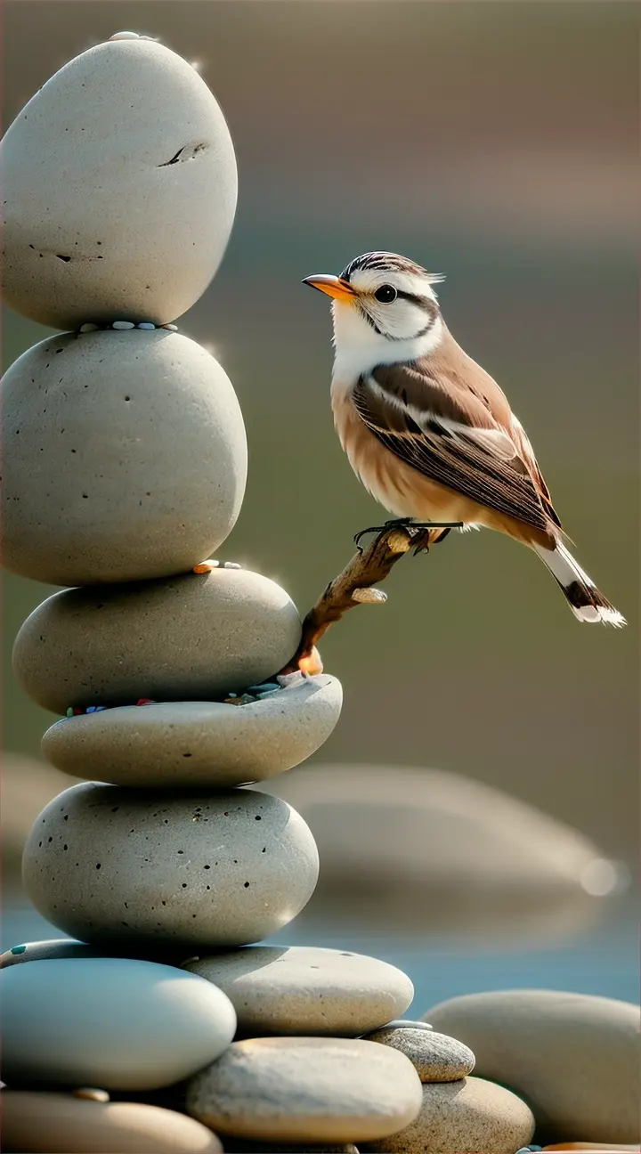 vA serene and meticulously composed photograph featuring a delicate, streaked-feathered bird proudly perched atop a skillfully arranged stack of diverse, smooth, and rounded stones. Each stone, varying in size and color, contributes to an aura of harmony and equilibrium within the image. The bird, embodying nature's animate elements, serves as the focal point, highlighting the delicate balance between life and its surroundings. The softly blurred background provides a depth of field that accentuates the bird and stones, capturing a fleeting moment of tranquility and interconnectedness within the natural world.