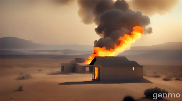 a burning house in the Palestinian dessert, photorealistic, gloomy look,