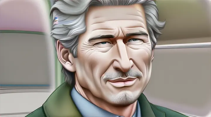 animated film in detail sad Richard Gere at a bus stop in the distance departing bus art animation in the style of Walt Disney