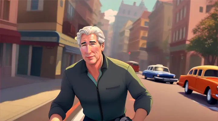 animated film close-up Richard Gere connected running down the street between houses behind a bus art animation in the style of Walt Disney