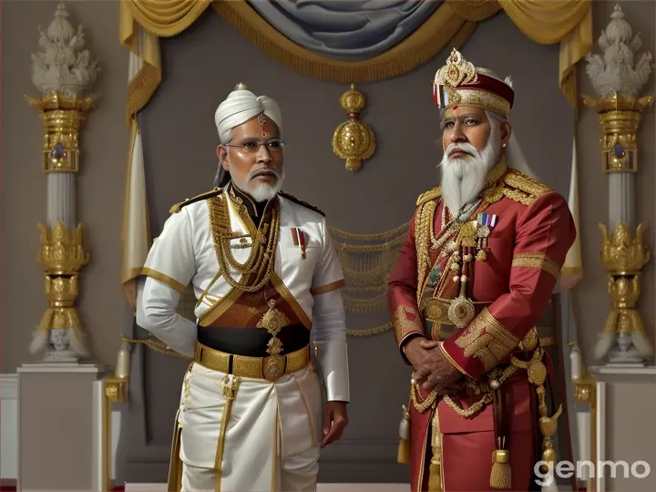 indian King Bali 70-year-old fair-skinned, handsome man with an impressive presence. He has a white beard and is dressed in elaborate royal attire, exuding authority and command. His expression is stern and angry he is talking with the Chief Minister. who is tall and brave man in simple attire. listens intently, his posture reflecting respect and readiness to act.