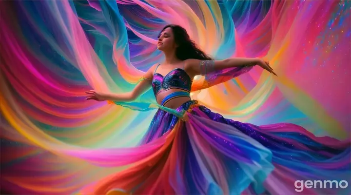 Liquid cristal beautiful women dancing in middle air with her rainbow shadows on the ground