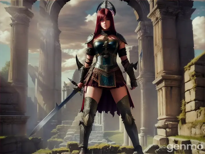 [1970’s dark fantasy, anime] Female Warrior full body standing on a ruin stone Roman place 