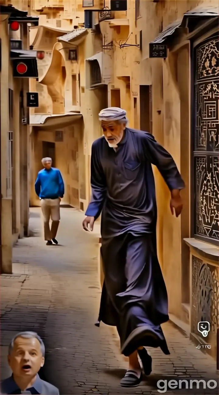 a man walking down a street next to another man