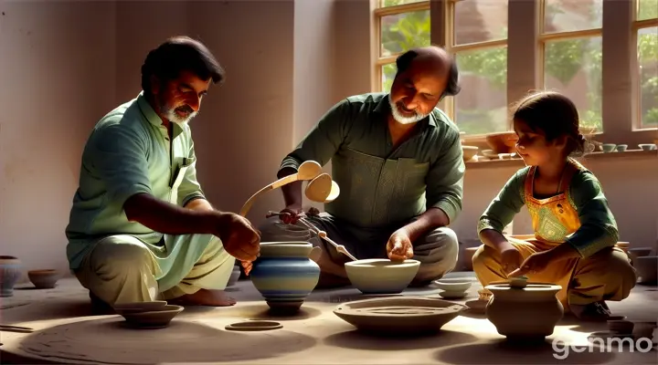 Breathing Life into Clay: Wide shot of a sunlit Pakistani pottery studio. A Pakistani father, his hands covered in clay, molds a pot on a spinning wheel. His daughter, mimicking his movements, shapes a smaller piece of clay with playful concentration. Their son watches in awe, eager to learn the craft someday. (Focuses on "Paapa se wo saans mili" - life from father's support, with the clay representing creation and learning)