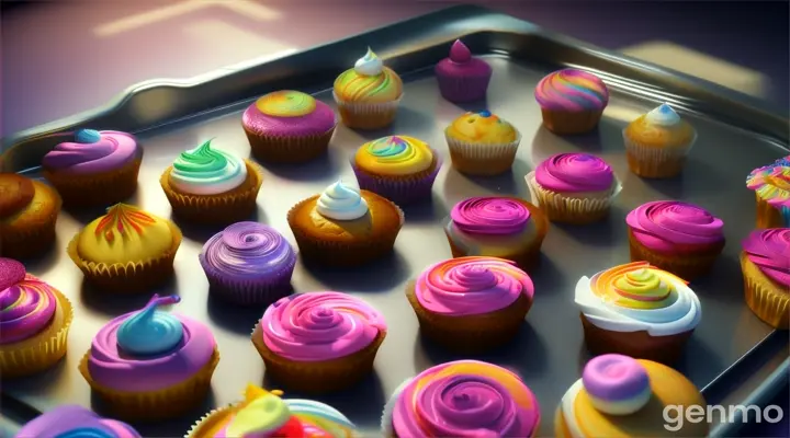 Cupcake liners appear in a baking tray, and the batter pours itself into each liner, forming perfect swirls. Create in 3d animation. Realistic style 