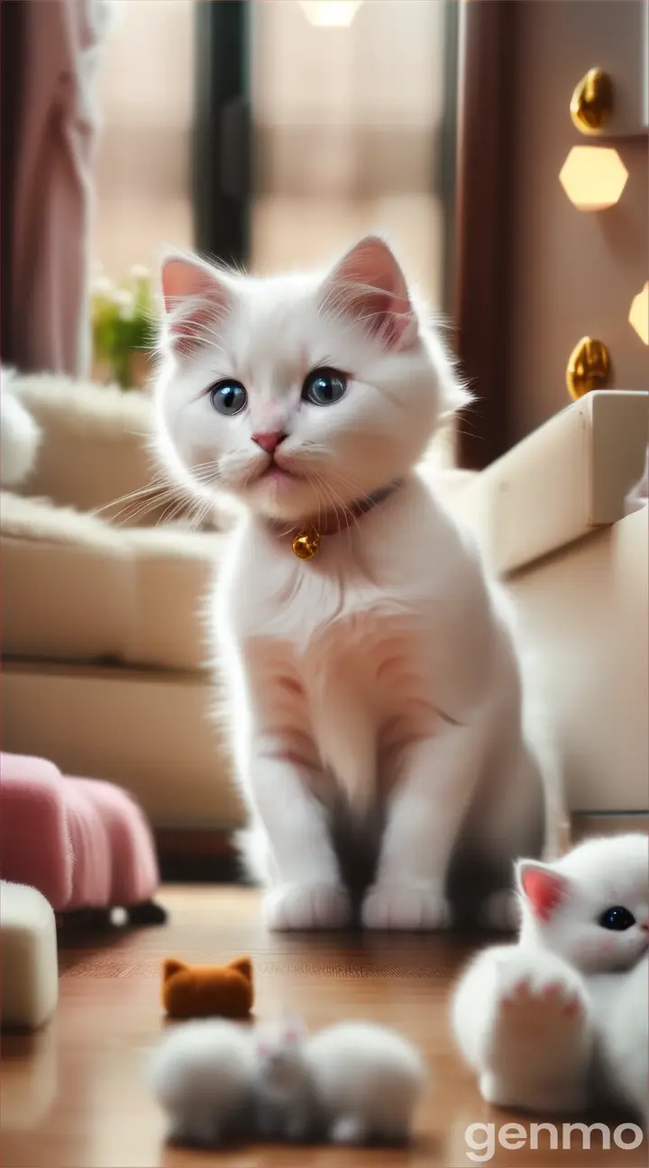 A playful white kitten interacting with its toys and fluffy friends in an aesthetically pleasing room full of soft textures