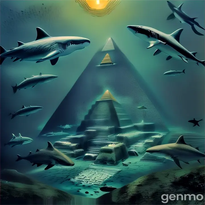 a painting of a pyramid surrounded by sharks