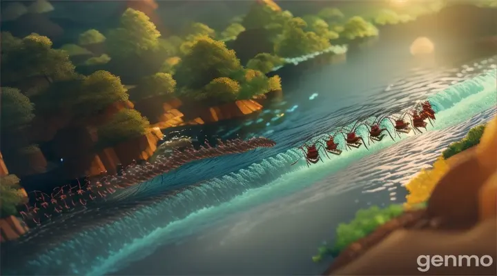 Every morning, tne ant and his friends set out on a journey to find food. They ventured far into the forest and crossed a swift river just to obtain enough food for all the ants in the nest. the ant always led the way, setting an example for others.in anime,cartoon effect,lighting is smooth,3D animation