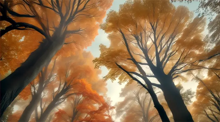 View of autumn trees from below as raindrops gently filter through the orange and yellow leaves of the canopy above